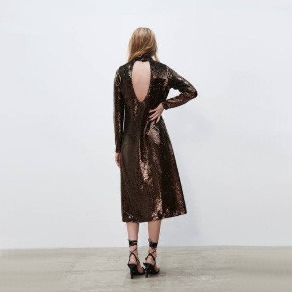 NWT Zara brown sequin long sleeve knit midi holiday dress, S - Picture 4 of 16
